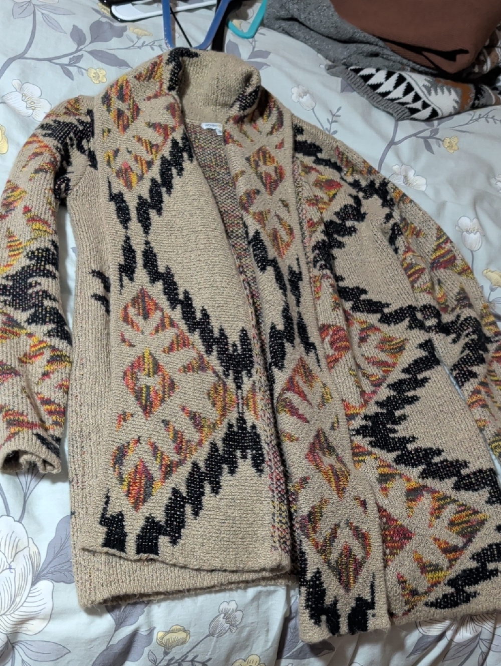 Woven Heart Beige Aztec Open-Front Cardigan with Black & Multicolor Accents